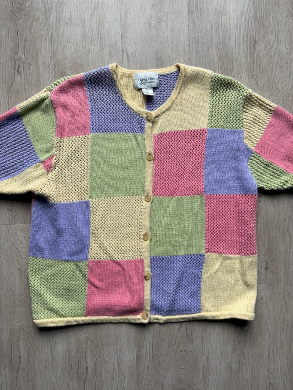VTG Pastel Colorblock Short Sleeve Cardigan Knit Sweater Button Front XL
